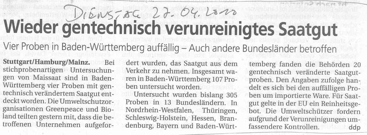 Südwestpresse 20100427: verunreinigtes_Saatgut